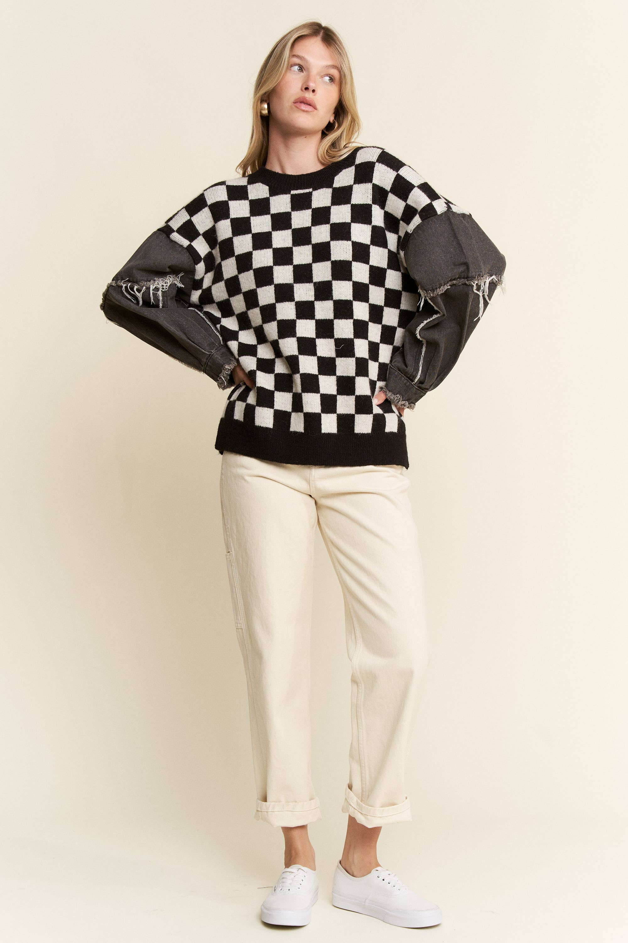 Check & denim sweater