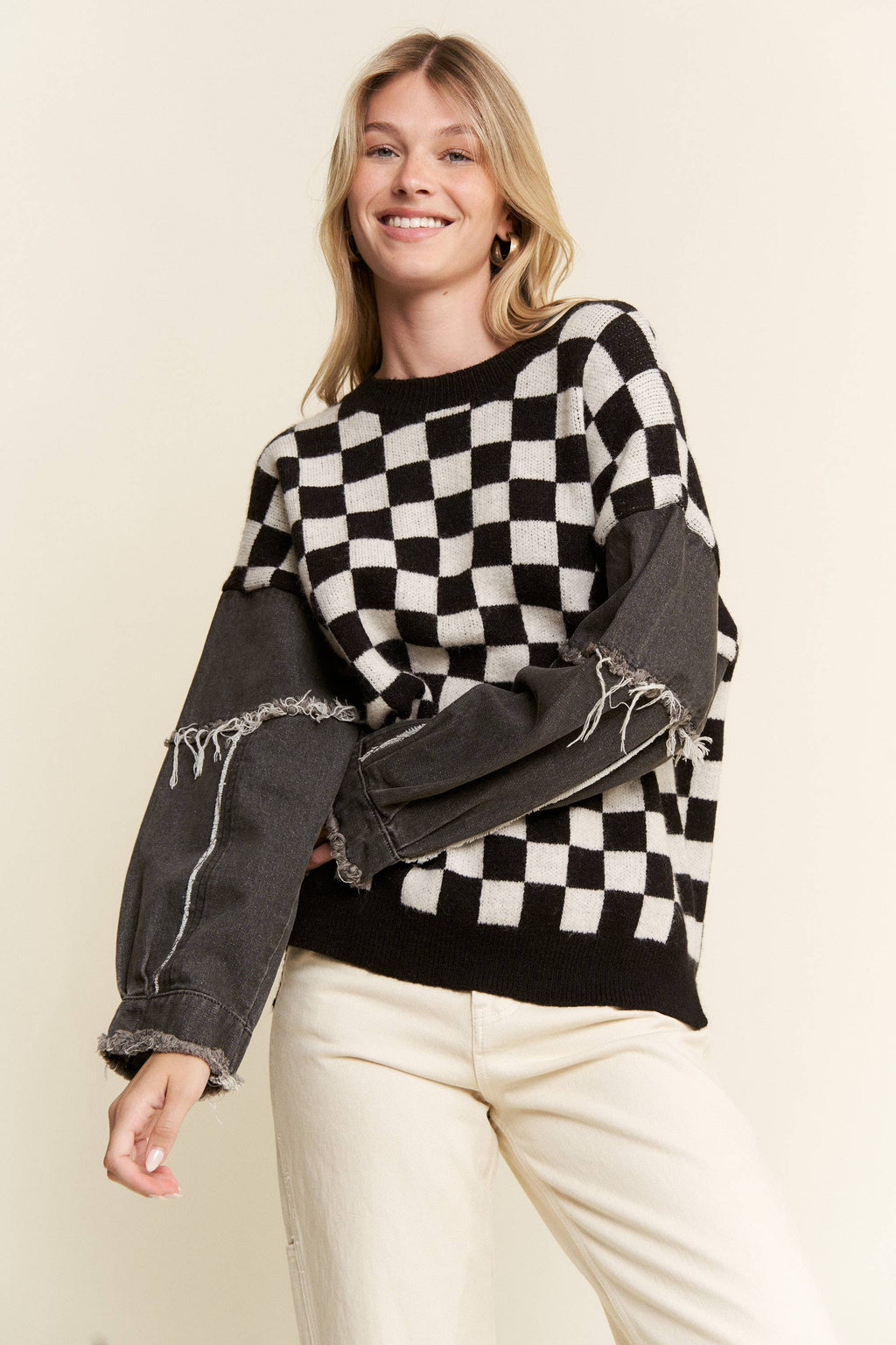 Check & denim sweater