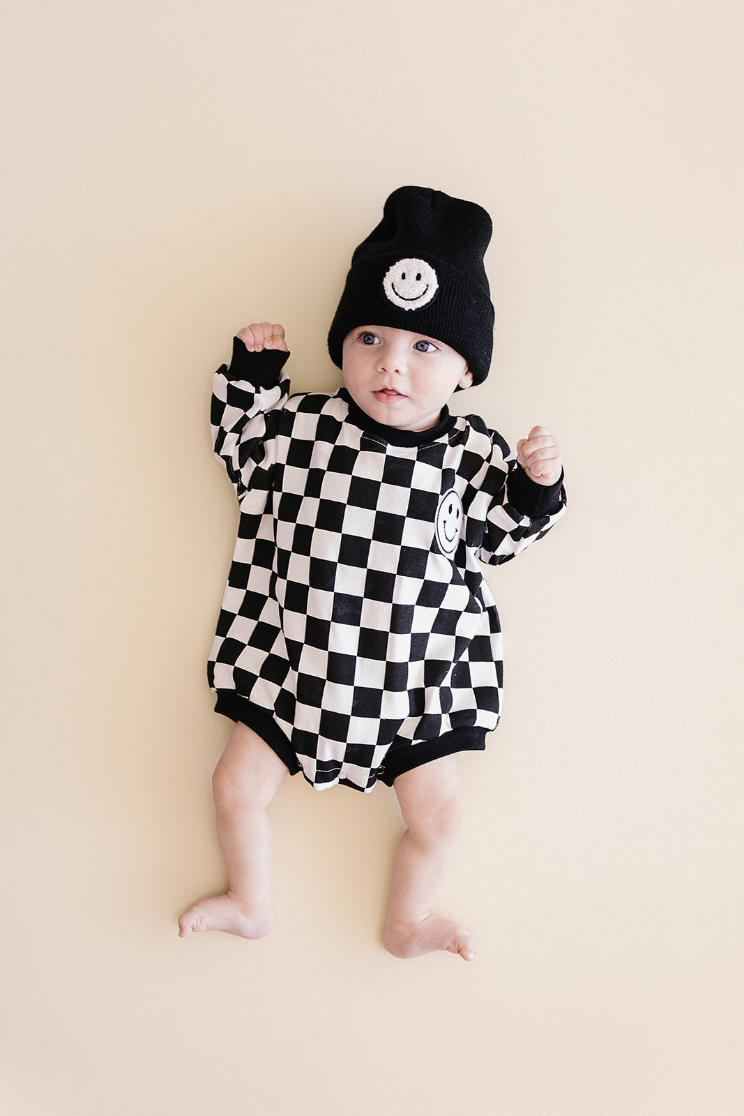 Bubble Romper | Checkered Smiley Black