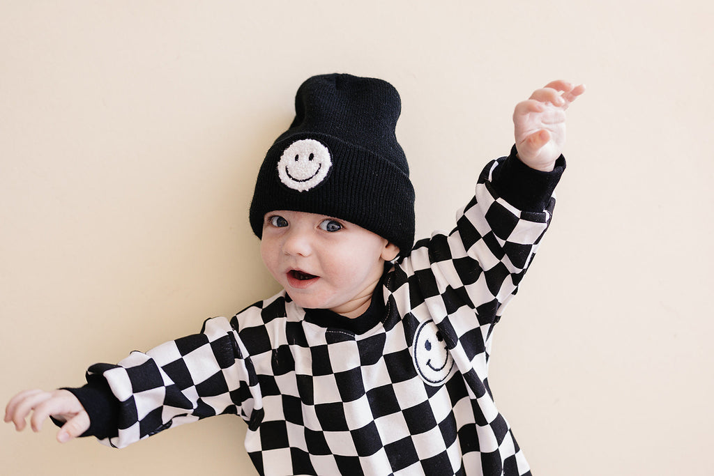 Bubble Romper | Checkered Smiley Black