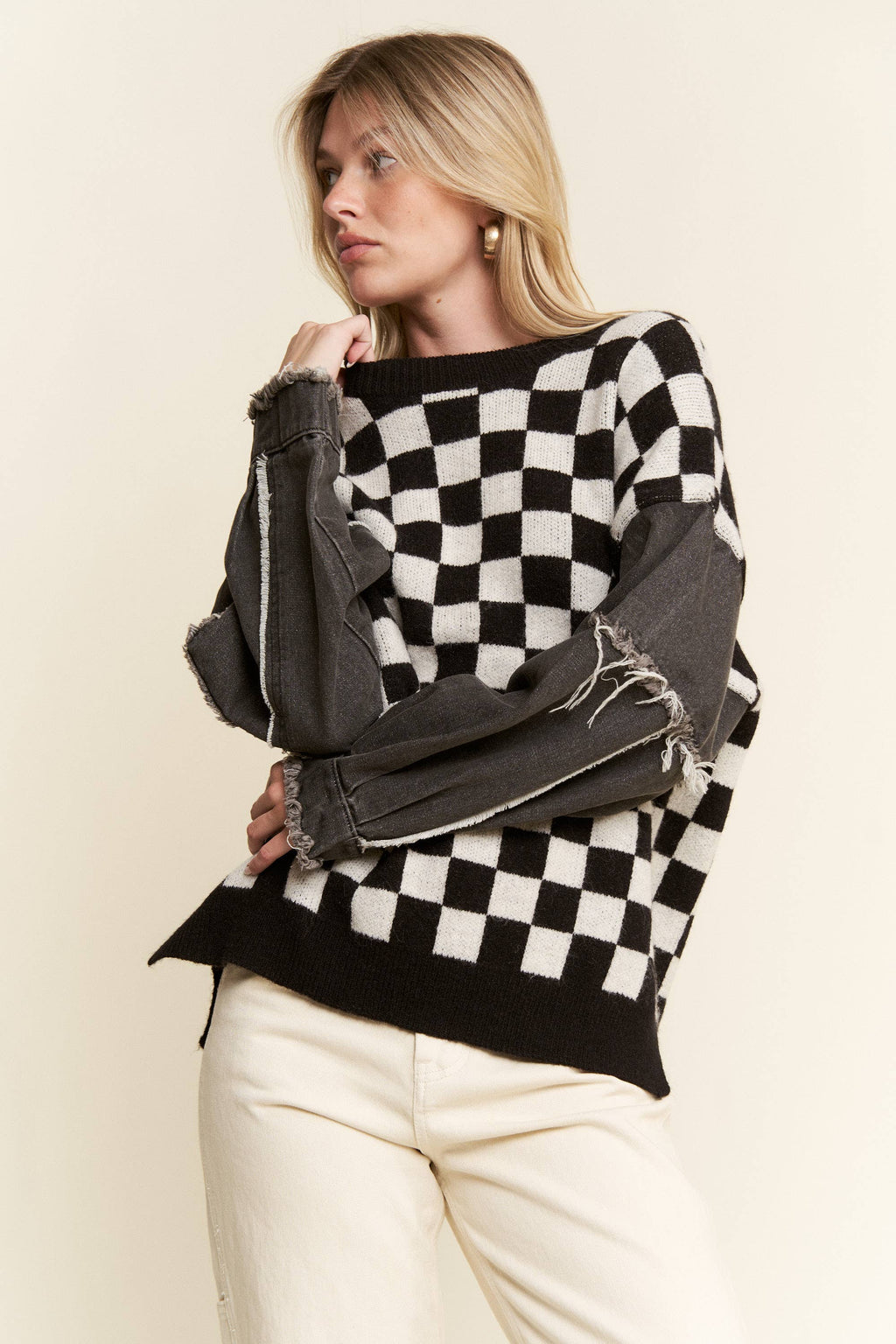 Check & denim sweater