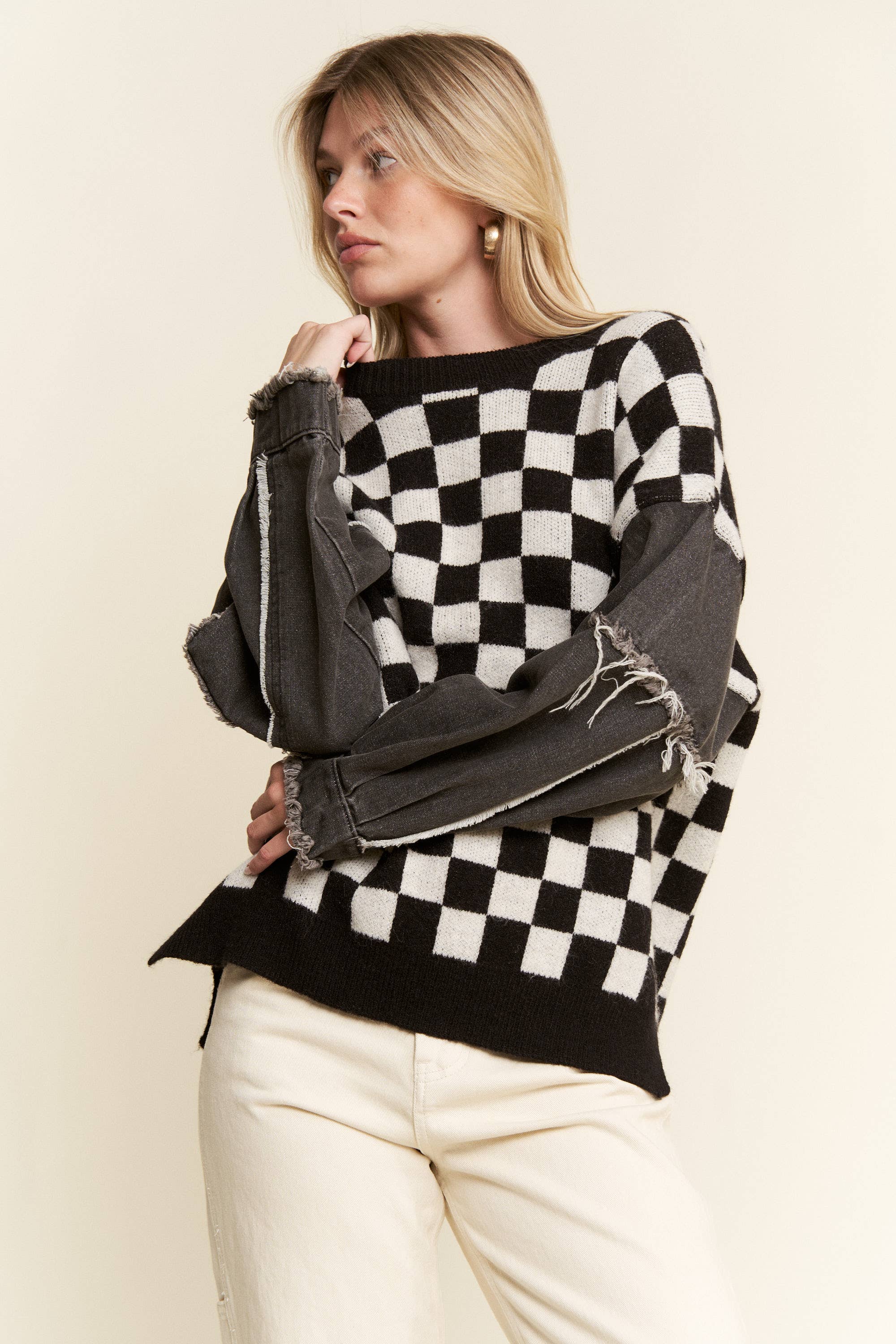 Check & denim sweater