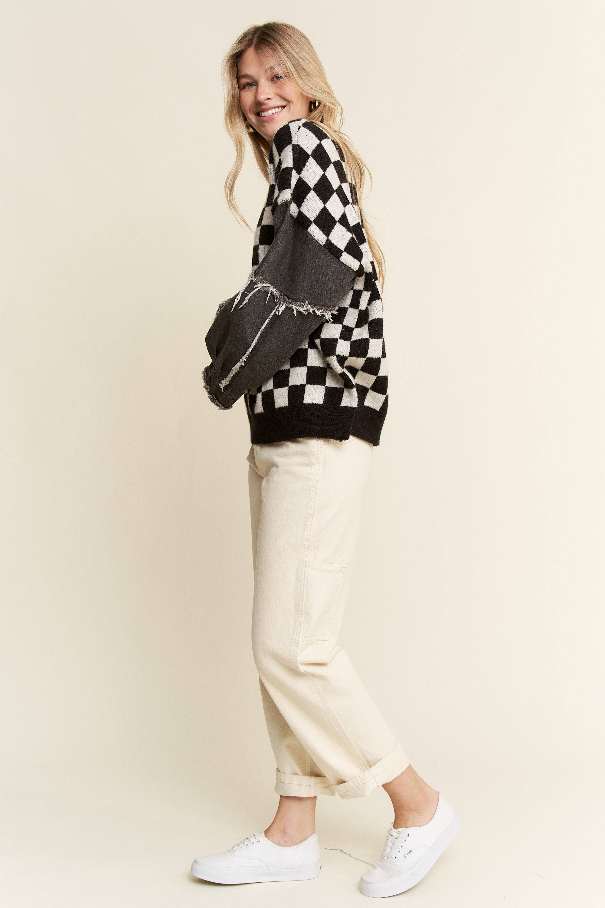 Check & denim sweater