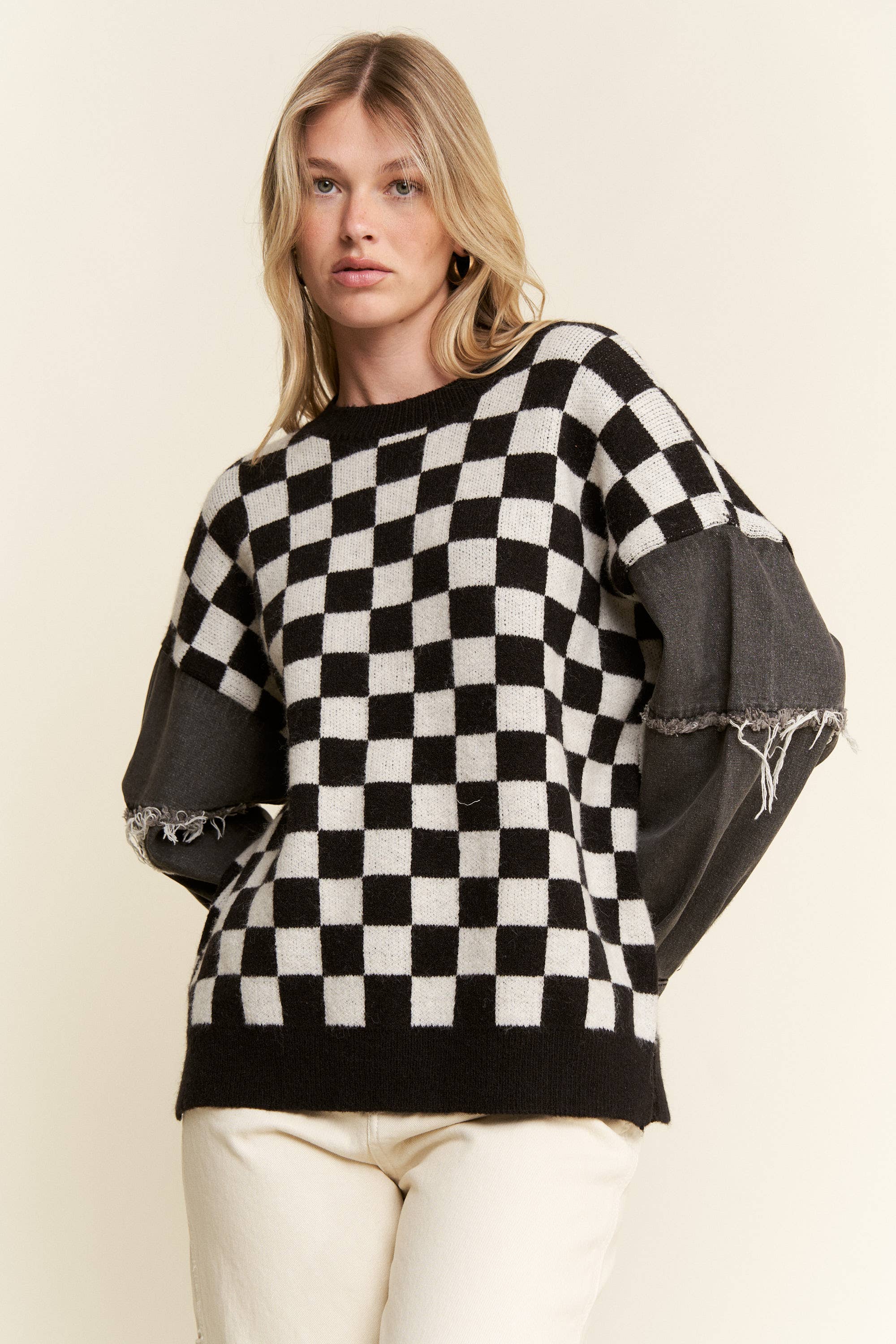 Check & denim sweater