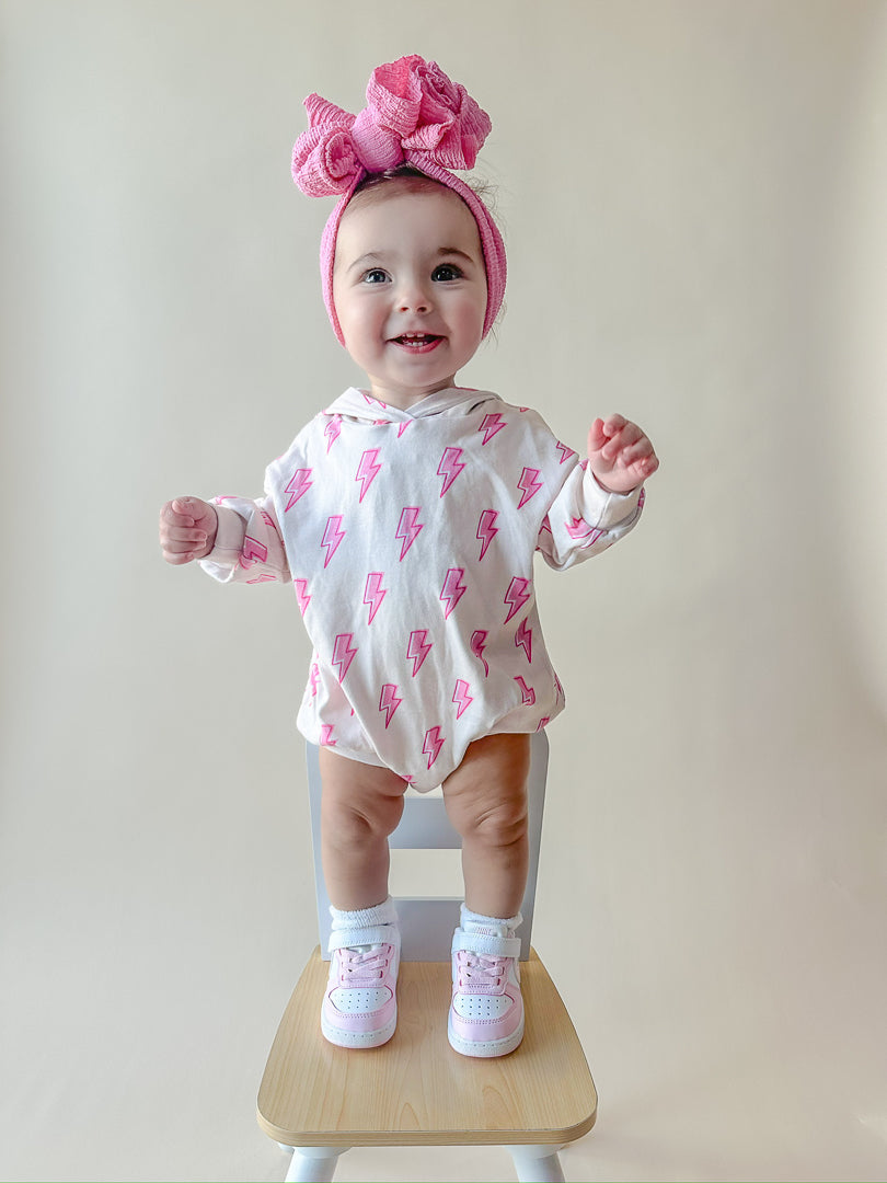 Hooded Bubble Romper | Pink Bolts